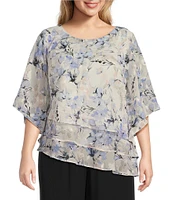 Alex Evenings Plus Size 3/4 Sleeve Boat Neck Asymmetrical Triple Tier Floral Chiffon Blouse