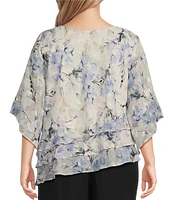 Alex Evenings Plus Size 3/4 Sleeve Boat Neck Asymmetrical Triple Tier Floral Chiffon Blouse