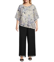 Alex Evenings Plus Size 3/4 Sleeve Boat Neck Asymmetrical Triple Tier Floral Chiffon Blouse