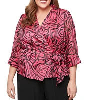 Alex Evenings Plus Size 3/4 Sleeve Collared Neck Tie Waist Printed Blouse
