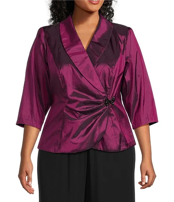 Alex Evenings Plus Size 3/4 Sleeve Collared V-Neck Taffeta Blouse