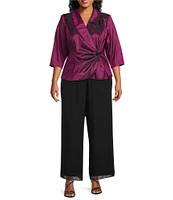 Alex Evenings Plus Size 3/4 Sleeve Collared V-Neck Taffeta Blouse