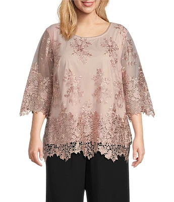 Alex Evenings Plus Size 3/4 Sleeve Crew Neck Embroidered Scalloped Hem Tunic