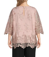 Alex Evenings Plus Size 3/4 Sleeve Crew Neck Embroidered Scalloped Hem Tunic