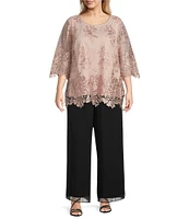 Alex Evenings Plus Size 3/4 Sleeve Crew Neck Embroidered Scalloped Hem Tunic