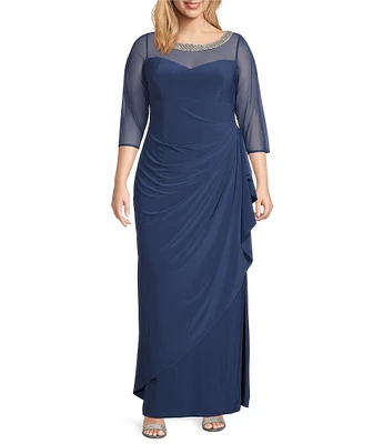 Alex Evenings Plus Size 3/4 Sleeve Illusion Sweetheart Neck Side Slit Ruched Gown