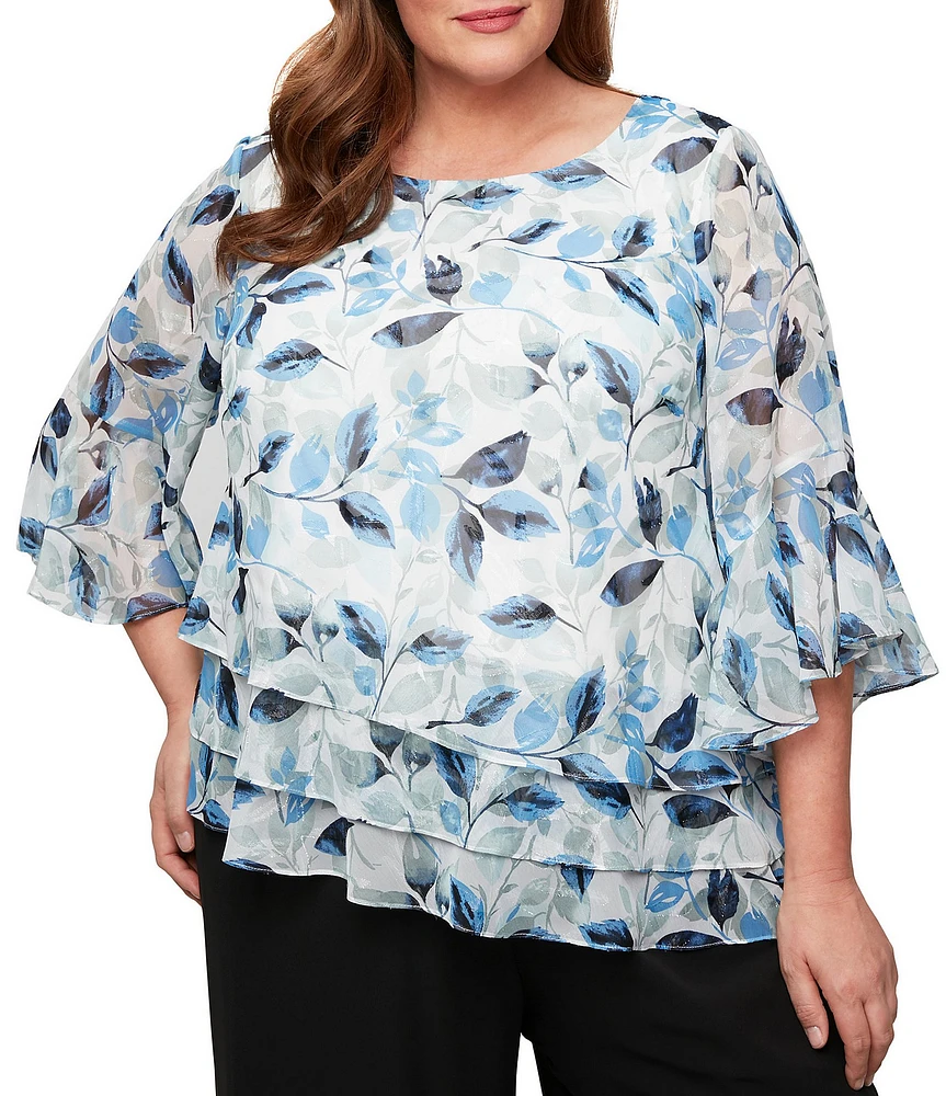 Alex Evenings Plus Size 3/4 Sleeve Printed Chiffon Burnout Blouse