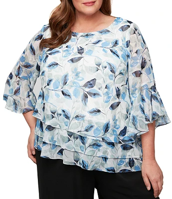 Alex Evenings Plus Size 3/4 Sleeve Printed Chiffon Burnout Blouse
