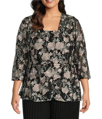 Alex Evenings Plus Size 3/4 Sleeve Square Neck Floral Twinset