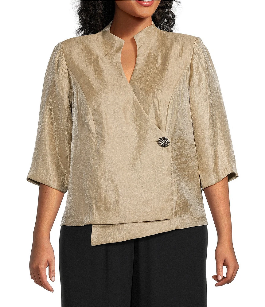 Alex Evenings Plus Size 3/4 Sleeve V-Neck Asymmetric Overlay Hem Blouse