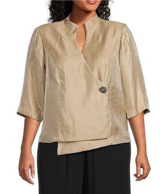 Alex Evenings Plus Size 3/4 Sleeve V-Neck Asymmetric Overlay Hem Blouse