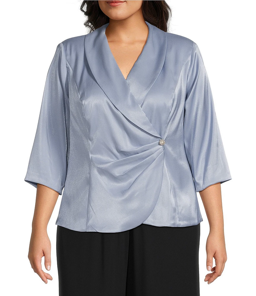Alex Evenings Plus Size 3/4 Sleeve V-Neck Shawl Collar Shimmer Satin Blouse