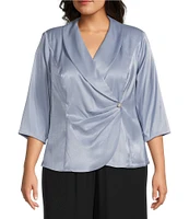 Alex Evenings Plus Size 3/4 Sleeve V-Neck Shawl Collar Shimmer Satin Blouse