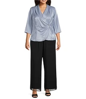 Alex Evenings Plus Size 3/4 Sleeve V-Neck Shawl Collar Shimmer Satin Blouse