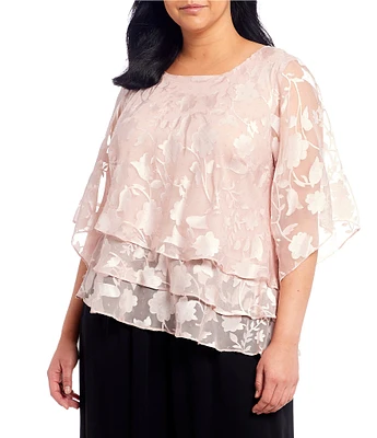 Alex Evenings Plus Size Asymmetrical Tiered Hem Round Neck 3/4 Illusion Sleeve Burnout Floral Chiffon Blouse