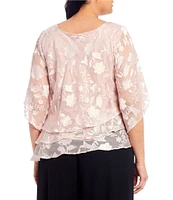 Alex Evenings Plus Size Asymmetrical Tiered Hem Round Neck 3/4 Illusion Sleeve Burnout Floral Chiffon Blouse