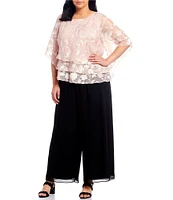 Alex Evenings Plus Size Asymmetrical Tiered Hem Round Neck 3/4 Illusion Sleeve Burnout Floral Chiffon Blouse