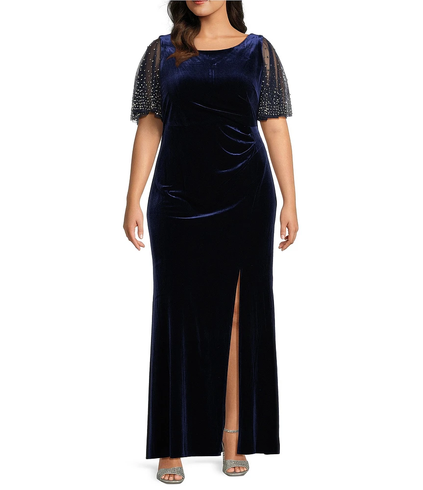 Alex Evenings Plus Size Boat Neck Illusion Flutter Sleeve Front Slit Stretch Velvet Fit And Flare Dress