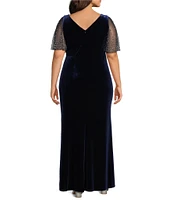 Alex Evenings Plus Size Boat Neck Illusion Flutter Sleeve Front Slit Stretch Velvet Fit And Flare Dress