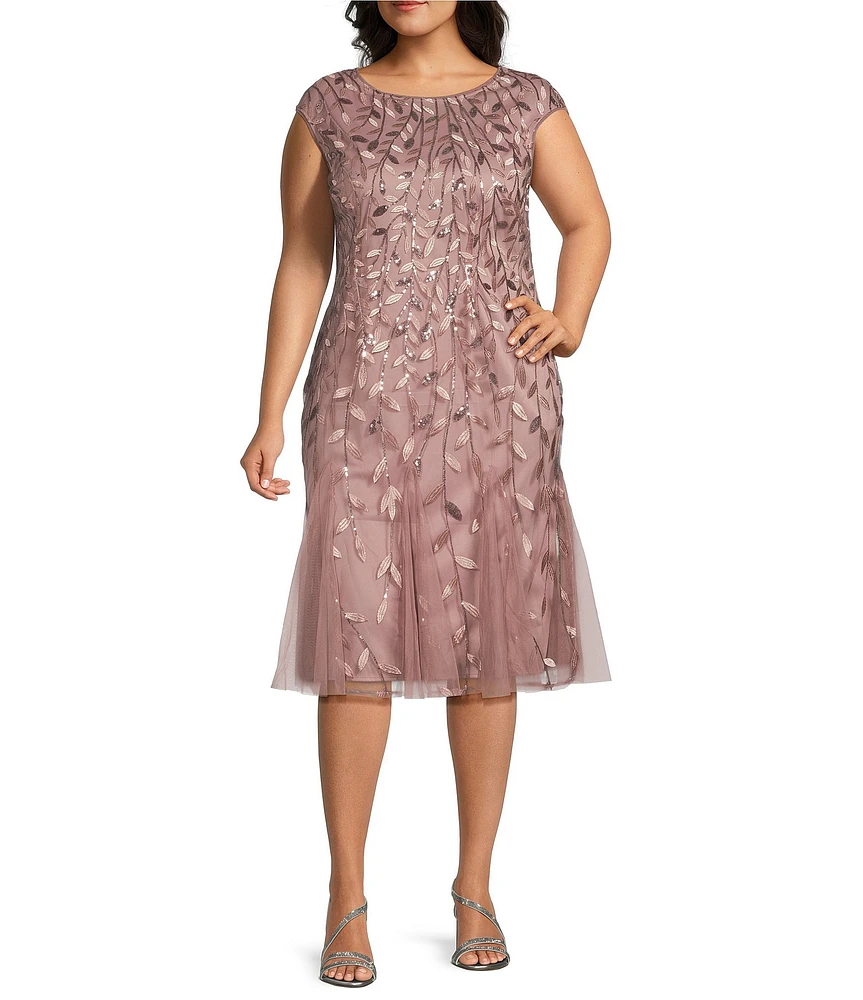 Alex Evenings Plus Size Cap Sleeve Beaded Fit and Flare Midi Dress