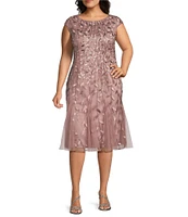 Alex Evenings Plus Size Cap Sleeve Beaded Fit and Flare Midi Dress