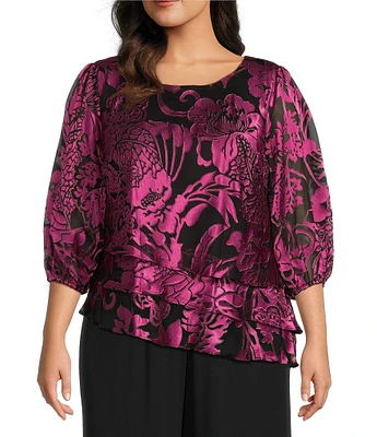 Alex Evenings Plus Size Chiffon Boat Neck 3/4 Illusion Balloon Sleeve Asymmetric Tiered Hem Blouse