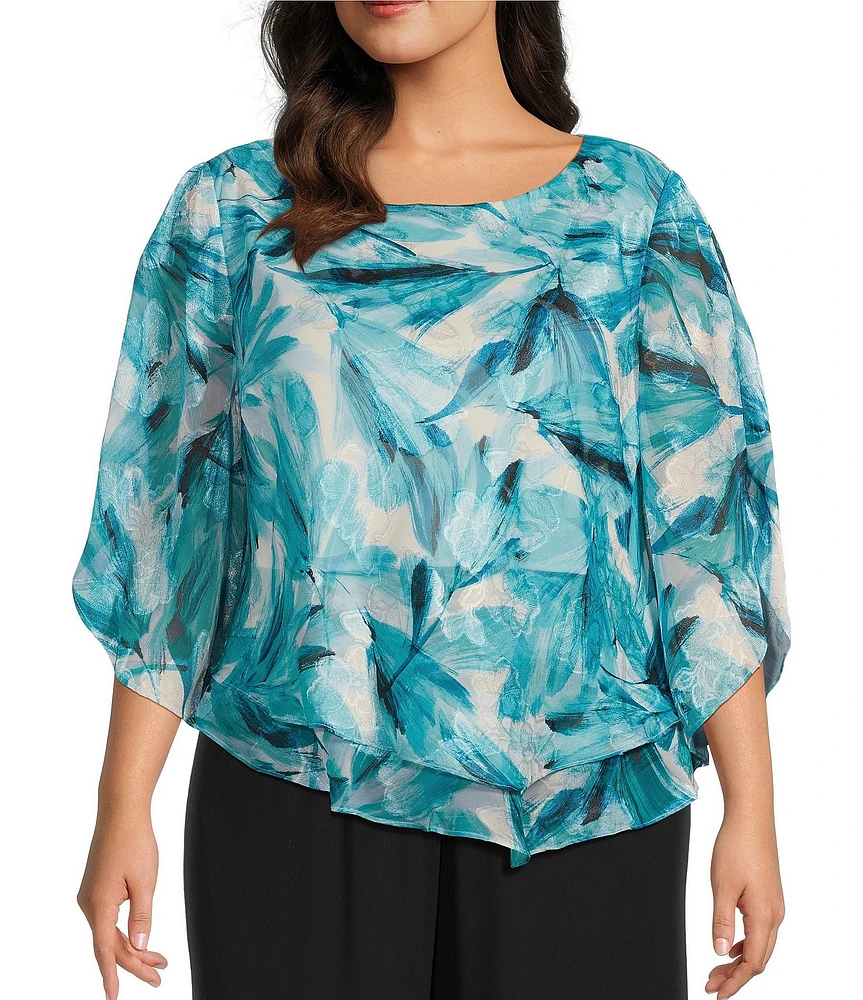 Alex Evenings Plus Size Chiffon Boat Neck 3/4 Sleeve Abstract Floral Print Double Tier Hem Blouse
