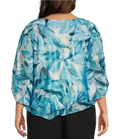 Alex Evenings Plus Size Chiffon Boat Neck 3/4 Sleeve Abstract Floral Print Double Tier Hem Blouse