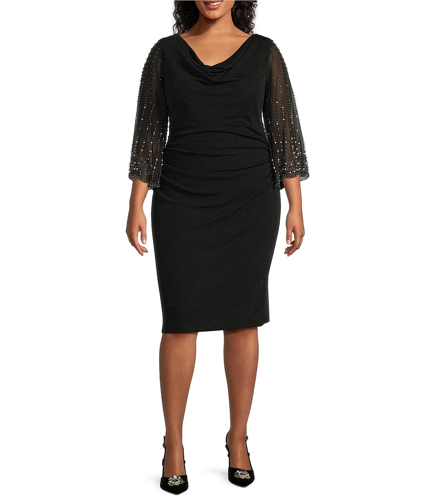 Alex Evenings Plus Size Cowl Neck 3/4 Beaded Illusion Sleeve Metallic Knit Sheath Dress