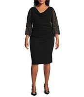 Alex Evenings Plus Size Cowl Neck 3/4 Beaded Illusion Sleeve Metallic Knit Sheath Dress