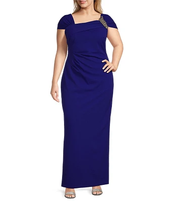 Alex Evenings Plus Size Crepe Asymmetric Embellished Neck Cap Sleeve Sheath Dress