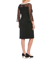 Alex Evenings Plus Size Crepe Beaded Illusion Boat Neck 3/4 Bell Sleeves Cocktail Sheath Dress