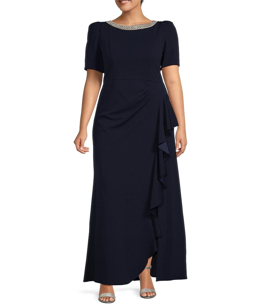 Alex Evenings Plus Size Crepe Embellished Boat Neck 3/4 Sleeve Ruffle Cascade A-Line Gown