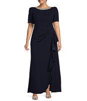 Alex Evenings Plus Size Crepe Embellished Boat Neck 3/4 Sleeve Ruffle Cascade A-Line Gown