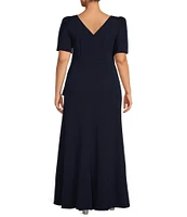 Alex Evenings Plus Size Crepe Embellished Boat Neck 3/4 Sleeve Ruffle Cascade A-Line Gown