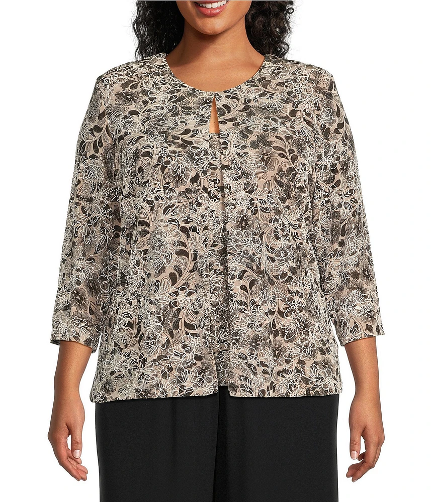 Alex Evenings Plus Size Crew Neck 3/4 Sleeve Glitter Slinky Printed Twinset