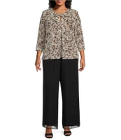 Alex Evenings Plus Size Crew Neck 3/4 Sleeve Glitter Slinky Printed Twinset