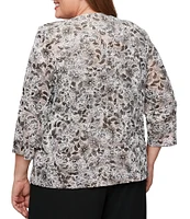 Alex Evenings Plus Size Crew Neck 3/4 Sleeve Glitter Slinky Printed Twinset