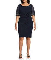 Alex Evenings Plus Size Embellished Illusion Flutter Sleeve Scoop Neck Metallic Knit Sheath Dress