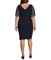 Alex Evenings Plus Size Embellished Illusion Flutter Sleeve Scoop Neck Metallic Knit Sheath Dress