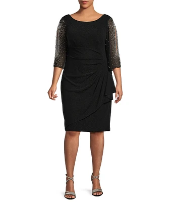 Alex Evenings Plus Size Round Neck 3/4 Sleeve Embellished Illusion Ruffle Sheath Dress