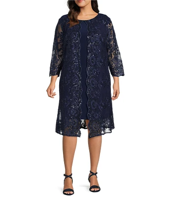 Alex Evenings Plus Size Embroidered Sequin Scoop Neck 3/4 Sleeve Jacket Dress