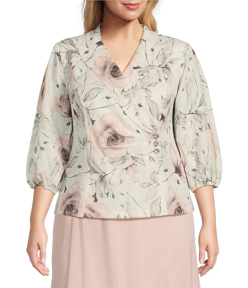 Alex Evenings Plus Size Jacquard Collared V Neck 3/4 Bubble Hem Sleeve Floral Blouse