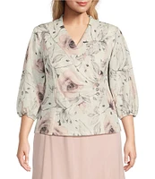 Alex Evenings Plus Size Jacquard Collared V Neck 3/4 Bubble Hem Sleeve Floral Blouse