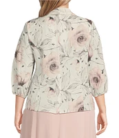 Alex Evenings Plus Size Jacquard Collared V Neck 3/4 Bubble Hem Sleeve Floral Blouse