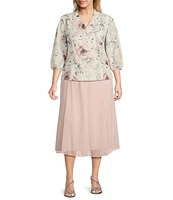 Alex Evenings Plus Size Jacquard Collared V Neck 3/4 Bubble Hem Sleeve Floral Blouse