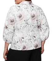 Alex Evenings Plus Size Jacquard Collared V Neck 3/4 Bubble Hem Sleeve Floral Blouse