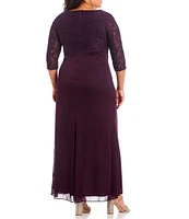 Alex Evenings Plus Size Lace Bodice Ruched Empire Waist Scallop Surplice V-Neck 3/4 Sleeve Gown