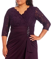 Alex Evenings Plus Size Lace Bodice Ruched Empire Waist Scallop Surplice V-Neck 3/4 Sleeve Gown