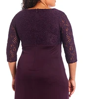 Alex Evenings Plus Size Lace Bodice Ruched Empire Waist Scallop Surplice V-Neck 3/4 Sleeve Gown